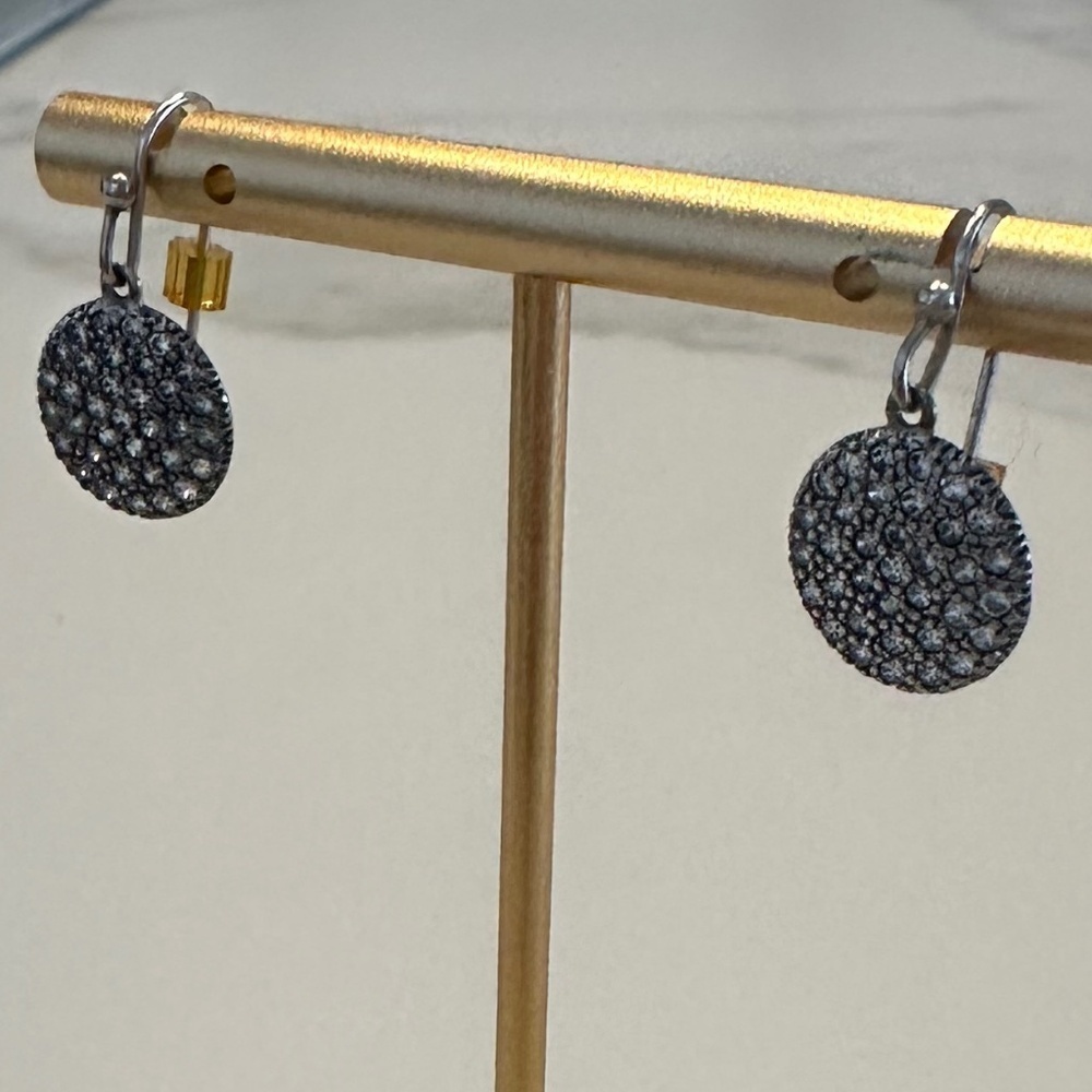 Silver Textured Disc Drop Earrings with Crystals - Picture 9 of 11